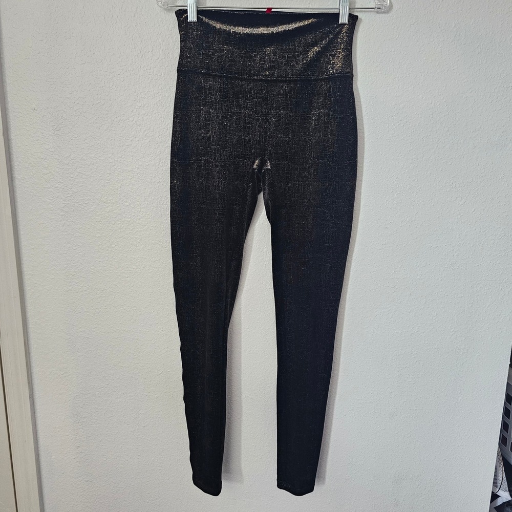 Spanx Womens Metallic Gold Foil High Waisted Leggings Black Size Medium